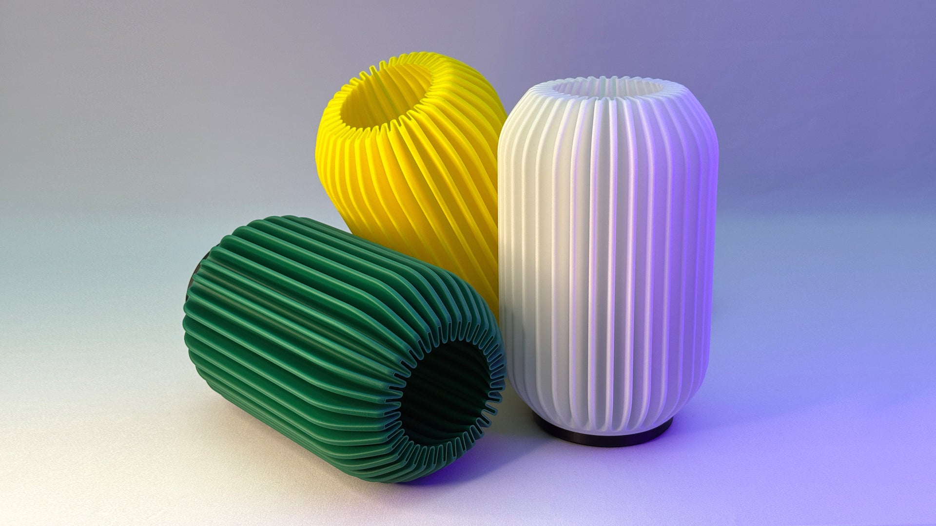 Kei 3D printed tabletop lamps showing available color options and sculpted spiral design