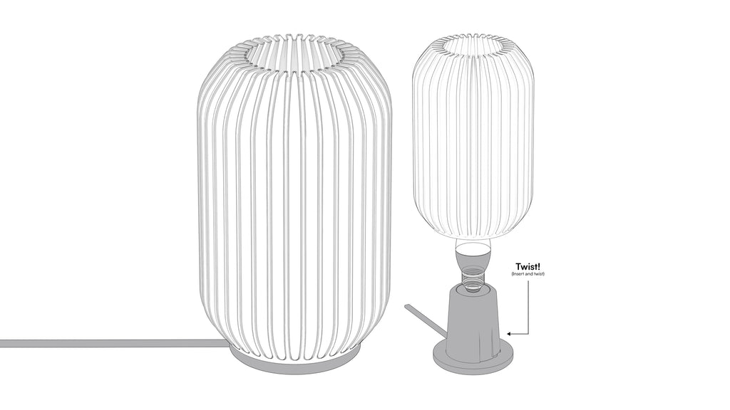 Technical illustration of Kei 3D printed tabletop lamp showing form, exploded view, and individual components