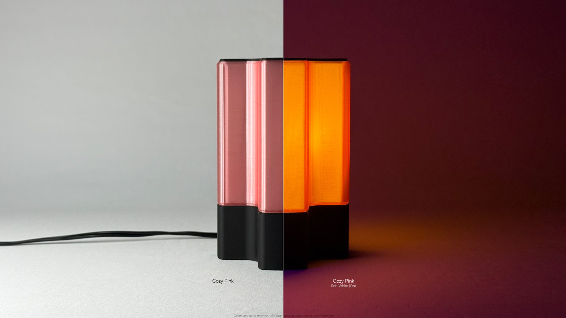 Side view of Nebu 3D printed modern tabletop lamp in Cozy Pink shade, showing double-walled transparent design with lamp on and off