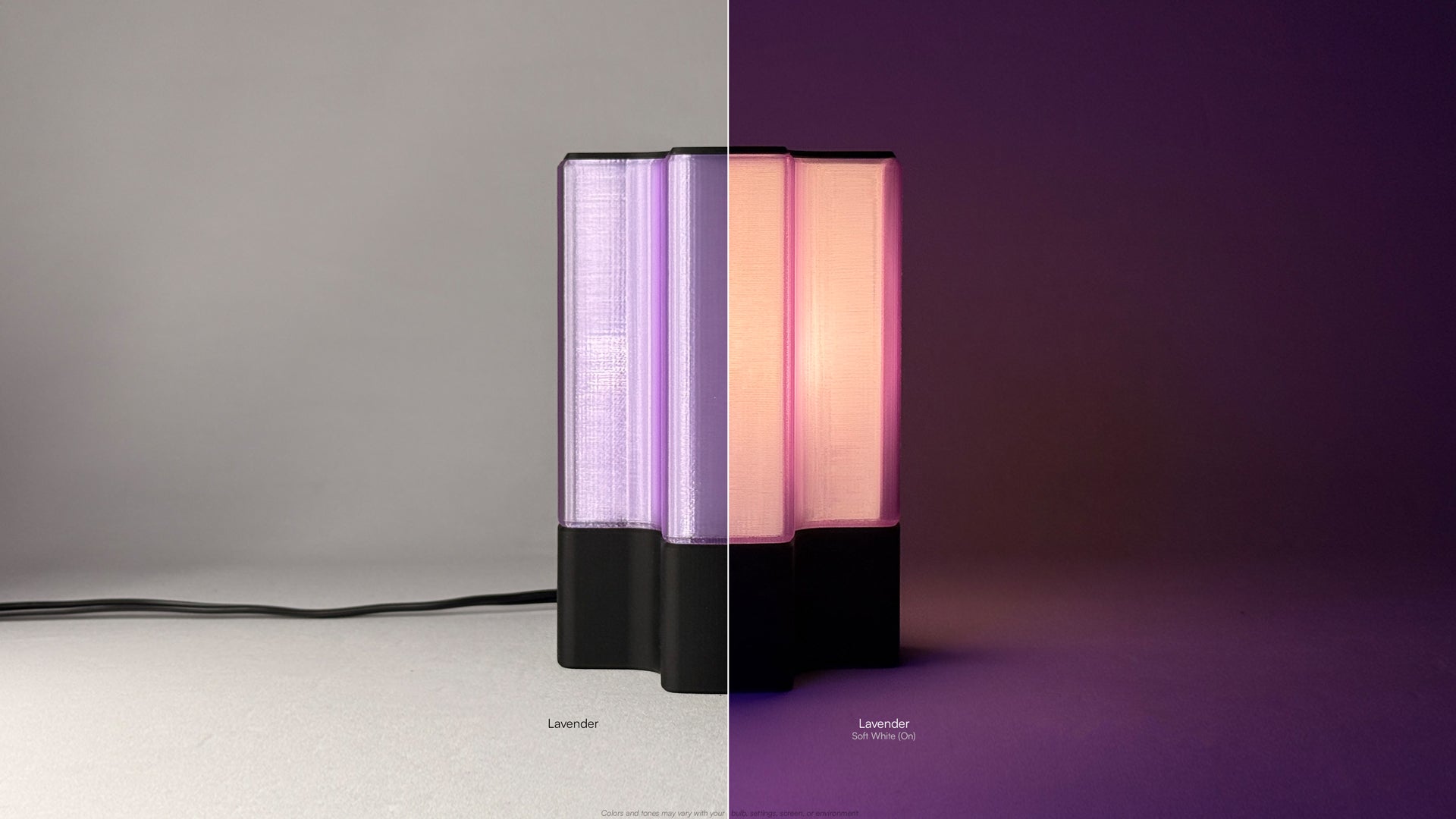 Side view of Nebu 3D printed modern tabletop lamp in Lavender shade, showing double-walled transparent design with lamp on and off