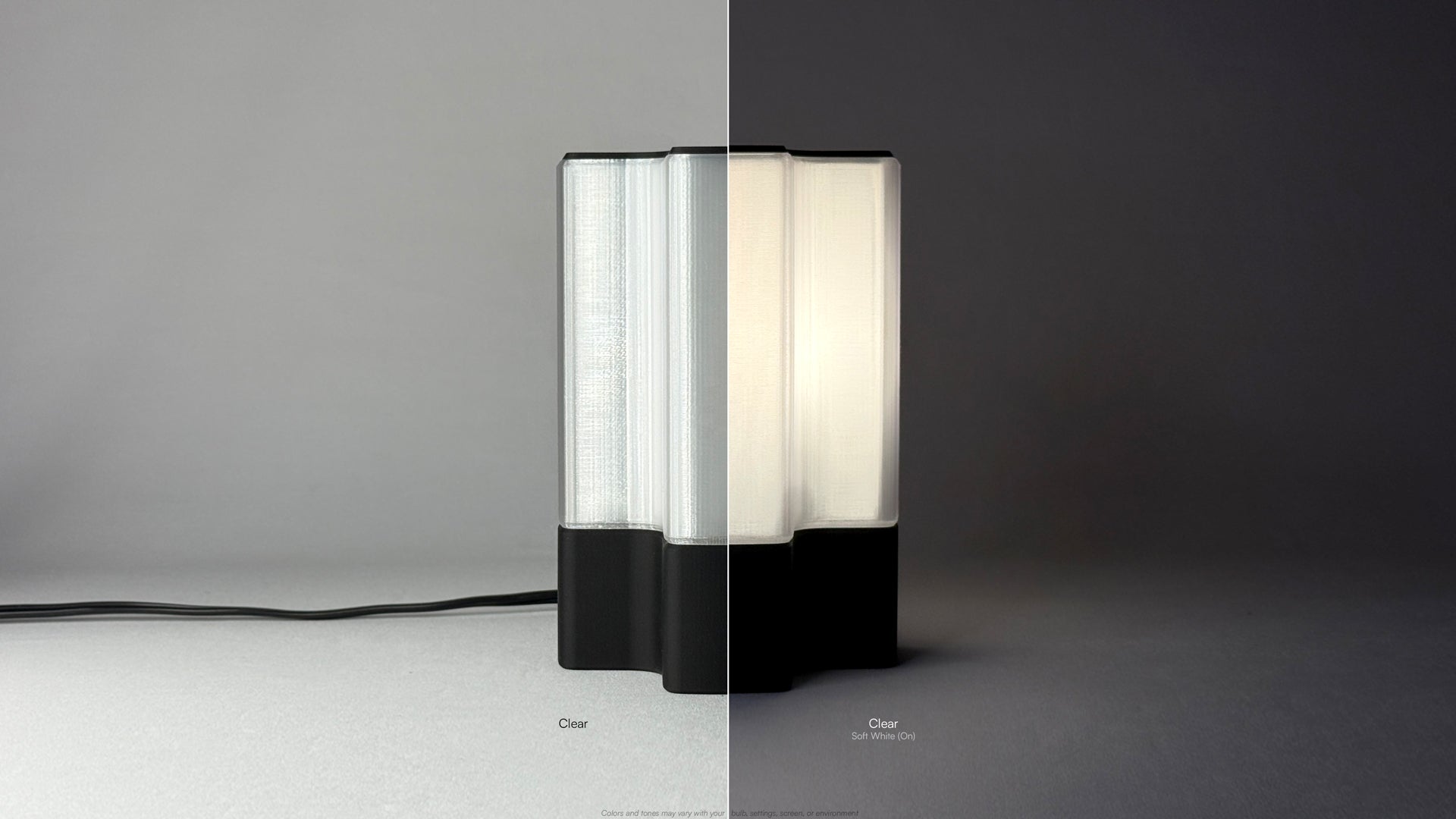 Side view of Nebu 3D printed modern tabletop lamp in clear shade, showing double-walled transparent design with lamp on and off
