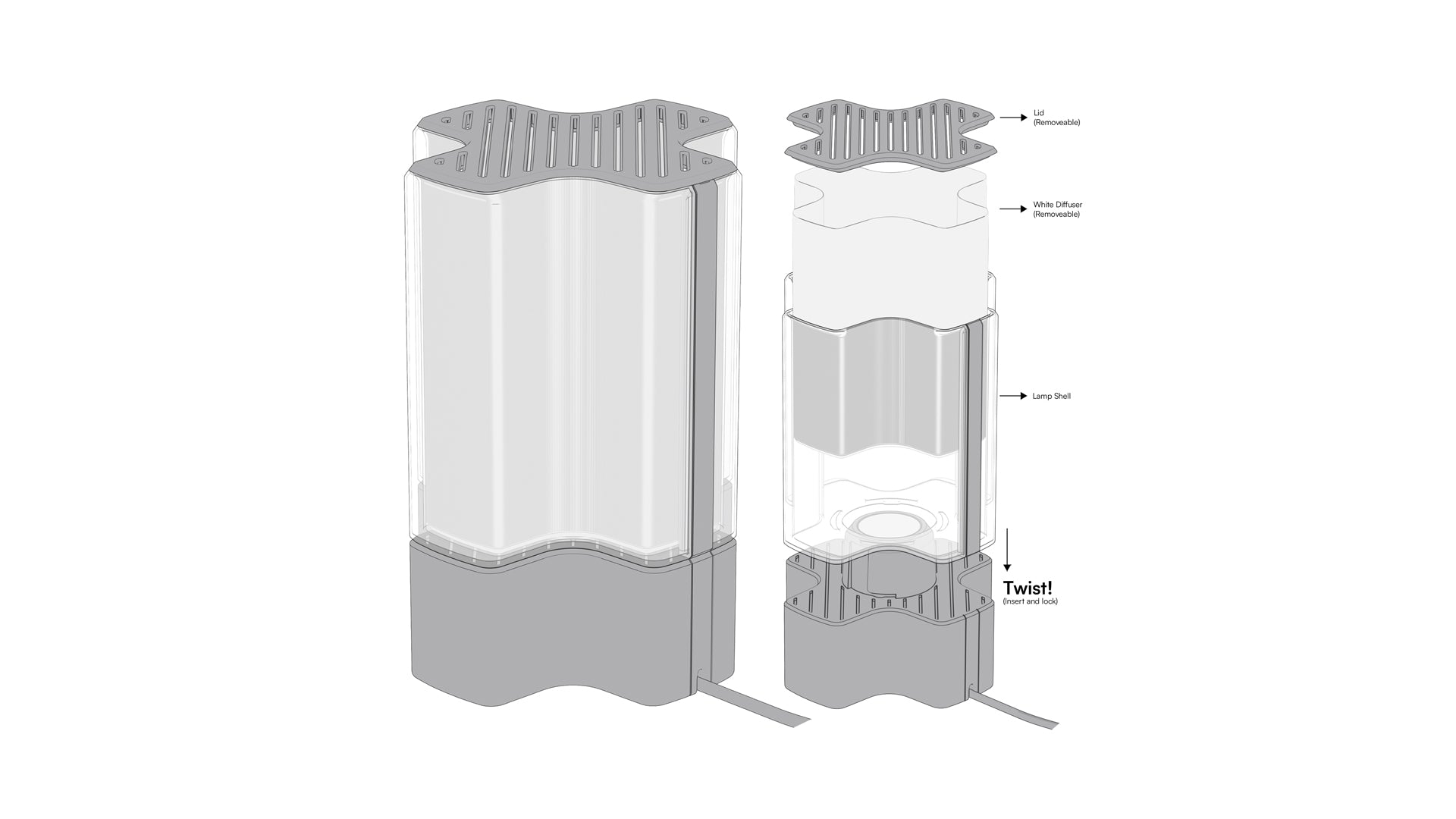 Technical illustration of Nebu 3D printed tabletop lamp showing form, exploded view, and individual components